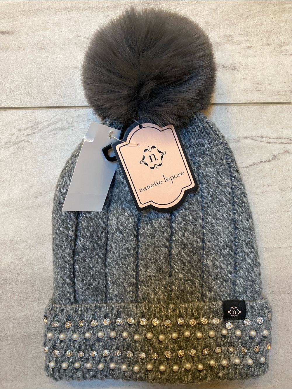 Nanette Lepore Gray Knit Pom Beanie with Pearls & Rhinestones NWT
